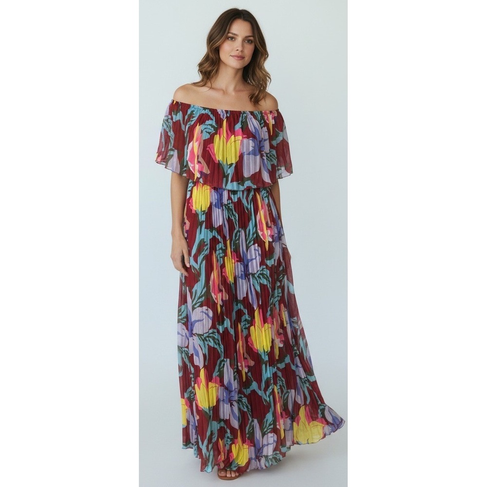 Floral Off the Shoulder Pleated Maxi Dress Burgundy XL Summer Wedding Chiffon